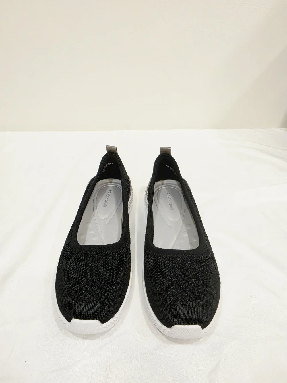 Easy Spirit Glitz Black Knit Slip-On Flats with White Soles